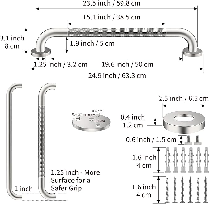 Satin Brushed Nickel Shower Grab Bars 24 Inch w/Anti-Slip knurled Grip, iMomwee Stainless Steel Wall Mount Bathroom Safety Balance Handrail, Handicap Elderly Senior Assist Textured Grab Bar Handle