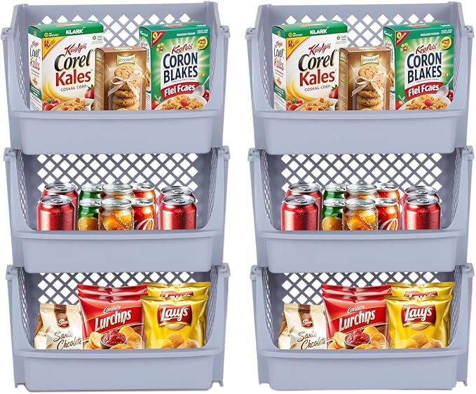 TidyFriend 6 Pack XLarge Plastic Stackable Storage Bins Open Front for Pantry Organizers and Storage, Pantry Storage for Kitchen and Home Organization, Dorm Room Essentials (Light Grey)