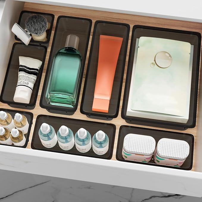ElegantArray 12-Piece Drawer Organizer Set, 4 Sizes Versatile Plastic Vanity Organizer for Makeup, Stationery, Gadgets, in Kitchen, Bathroom, Office, and Bedroom, Black