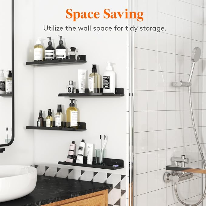 Lifewit Floating Shelves for Wall, Acrylic Display Shelf Wall Mounted for Figure, Car, Art, Book, 14" Perfume Organizer for Bathroom, Bedroom, Living Room, Nursery, Home Decor, Black, 8 Pack