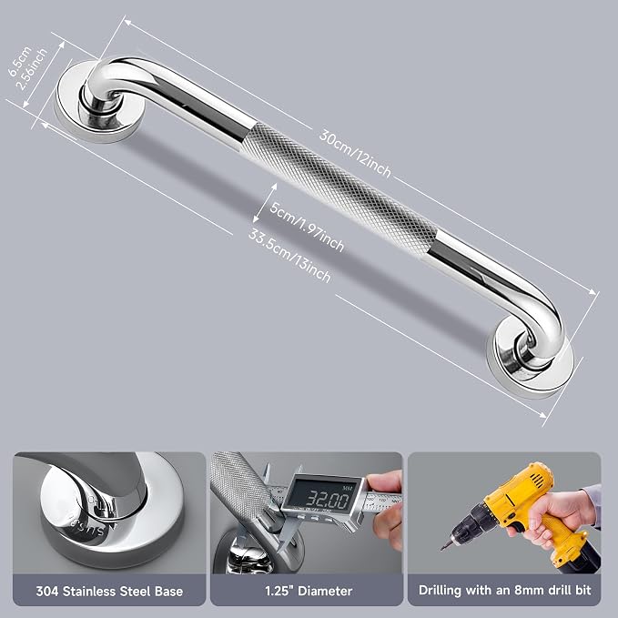 12 Inch Shower Grab Bar 1.25" Dia, 2 Pack Chrome Anti Slip Bathroom Grab Bar, 304 Stainless Steel Knurled Handicap Grab Bars, Safety Support Handrail,Bath Shower Handle for Elderly Injury Senior