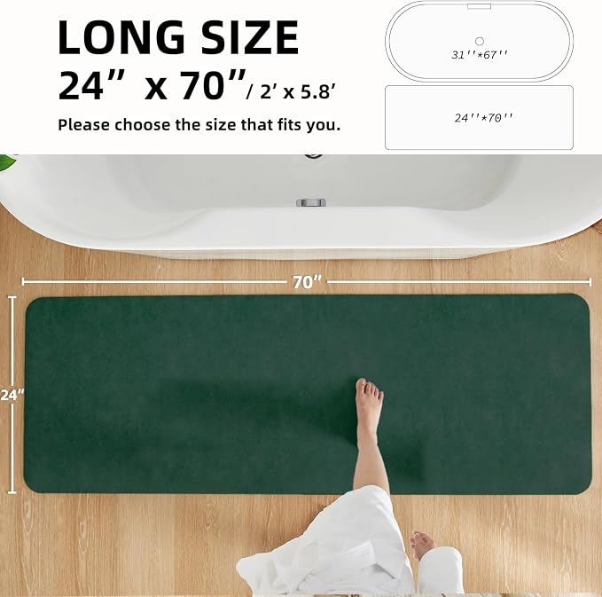 TYUU Bathroom Mat Quick Dry, Bathroom Rugs Non Slip Washable Thin Absorbent Bath Mat Fits Under Door Bathroom Floor Mat Perfect for Bath, Shower, or Sink 24"x70" Dark Green
