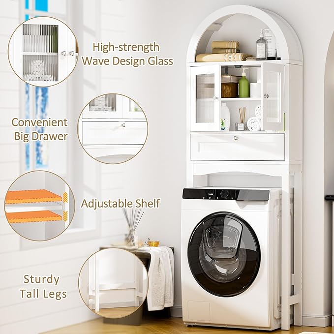 Spurgehom Over The Toilet Storage Cabinet, Bathroom Shelf Organizer Freestanding, Bathroom Arch Cabinet Over Toilet with Glass Door and Anti-Tipping Device, White