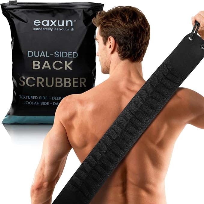 eaxun Back Scrubber with Handles for Shower, 40 Inches Dual-Sided Back Washer with Exfoliating Texture and Loofah for Men, Women and Elderly, Bath Back Exfoliator Body Cleaner for Deep Cleansing