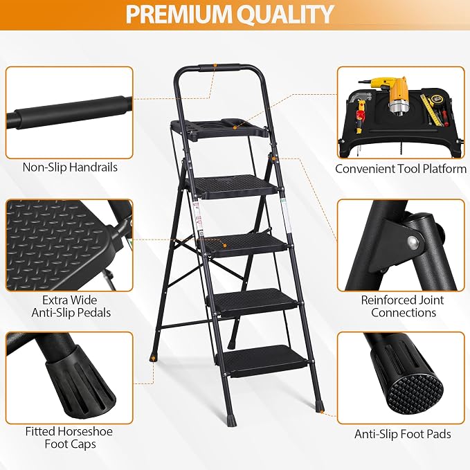 ZENY 4 Step Ladder, Folding Step Stool for Adults, Portable Steel Ladder with Tool Platform, Wide Anti-Slip Pedal, Safety Locking, Lightweight (Black)