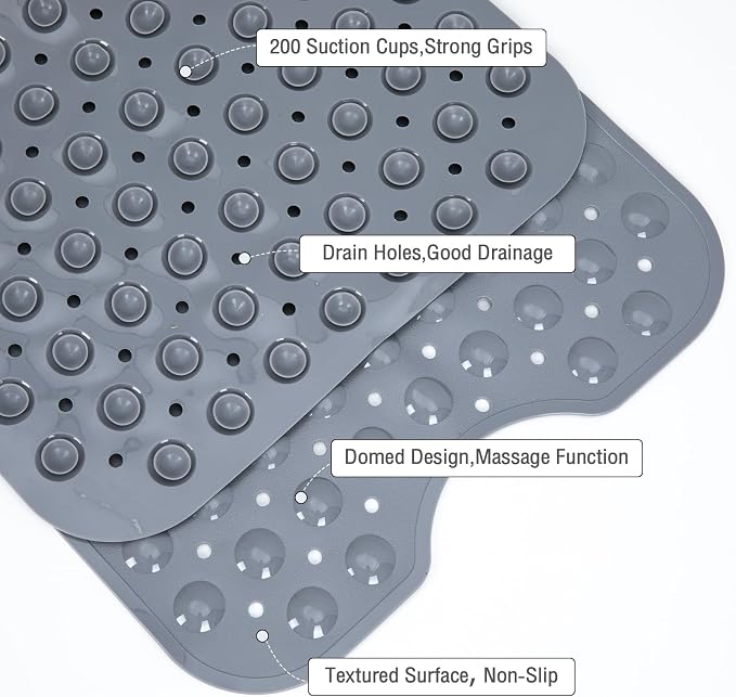 Extra Long Gray Bathtub Mat Non Slip, Soft Bath Mat for Tub 40 x 16 Inch Full Size, Bath Tub Shower Mats for Bathroom Floor with Big Suction Cups and Drain Holes, Easy Washable, BPA Free