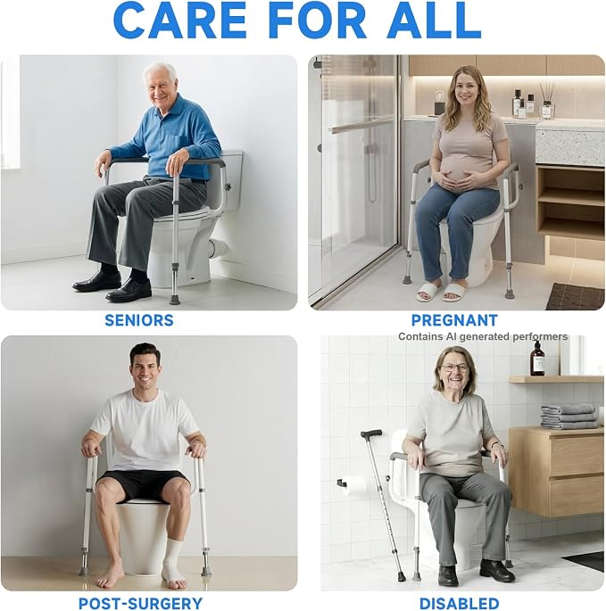 Toilet Safety Rails for Seniors | Reinforced Steel Frame, Padded Armrests, Adjustable Height & Width, for Elderly, Handicap & Post-Surgery, 350lbs Capacity