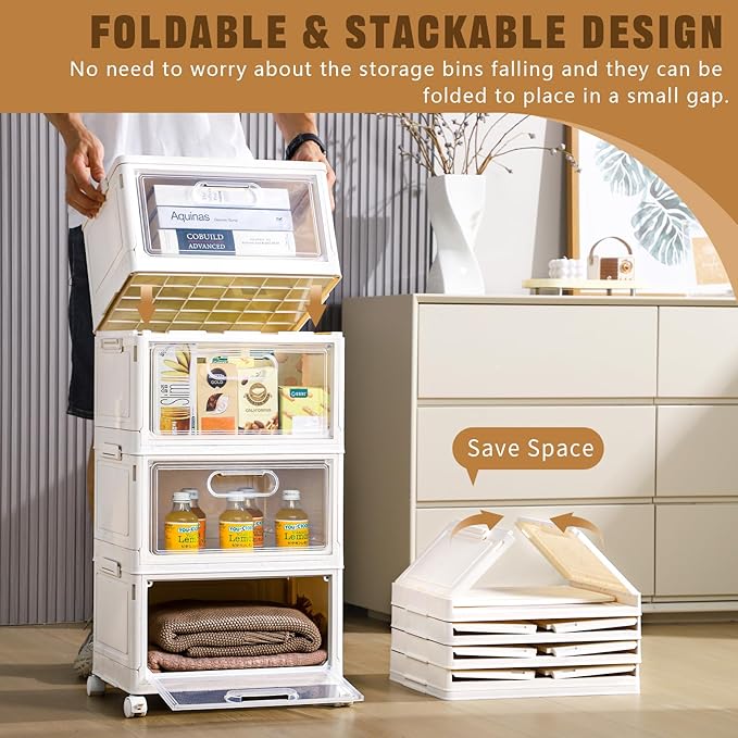 Freebat 4-Tier Stackable Storage Bins with Lid, 23QT Storage Containers,Clear Foldable Plastic Drawer Storage on Wheels,Closet Organizers and Storage for Living Room,Bedroom,Office,Dorm