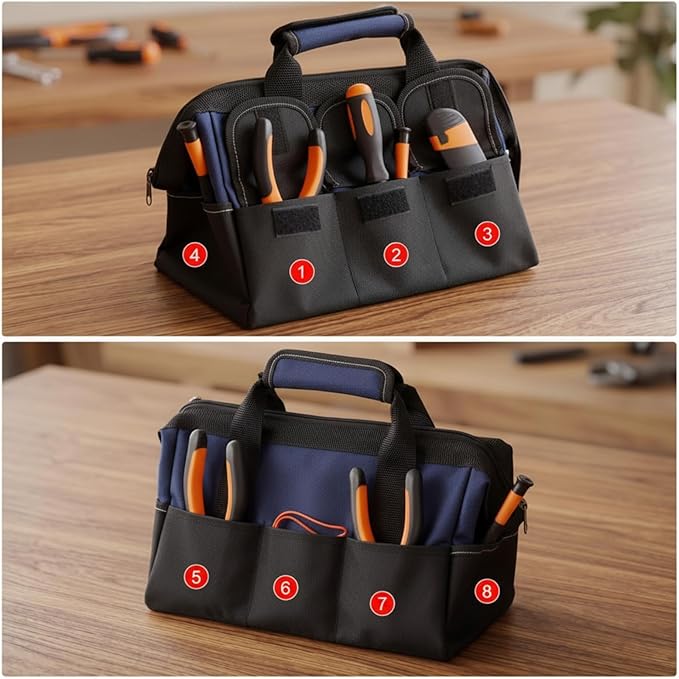 Sanwuta 3 Pack Tool Bag for Men with Waterproof Hard Bottom, Heavy Duty Tool Bag Wide Mouth Tote for Various Instrument, Electrician Carpenter Mechanic (Blue, Red, Yellow,13 Inch,Side Pockets)