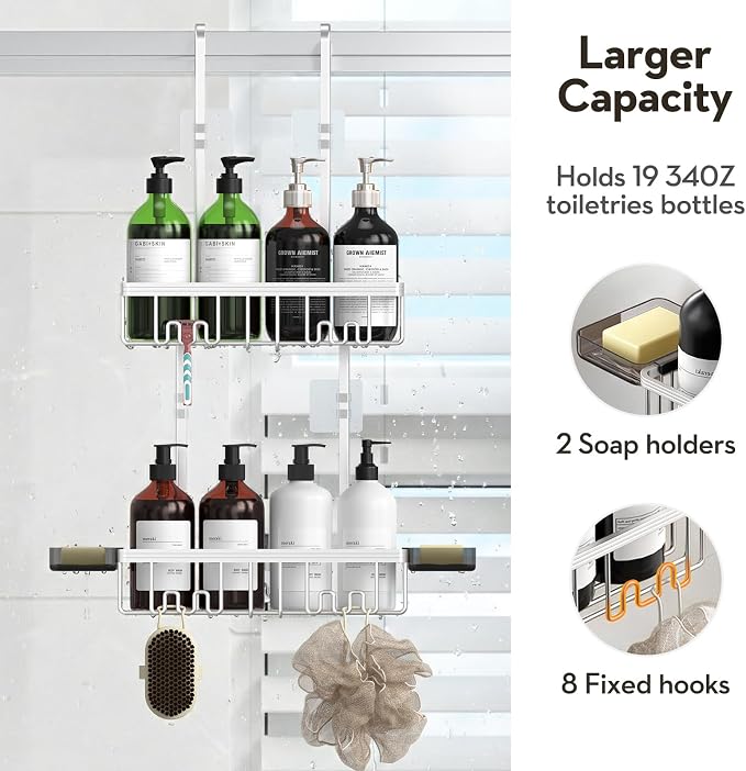 Over the Door Shower Caddy Hanging With Double Soap Holder Never Rust Aluminum Shower Shelf With 4 Hooks Hanging Bathroom Organizer No Drilling Shelves for Bathroom Storage Silver