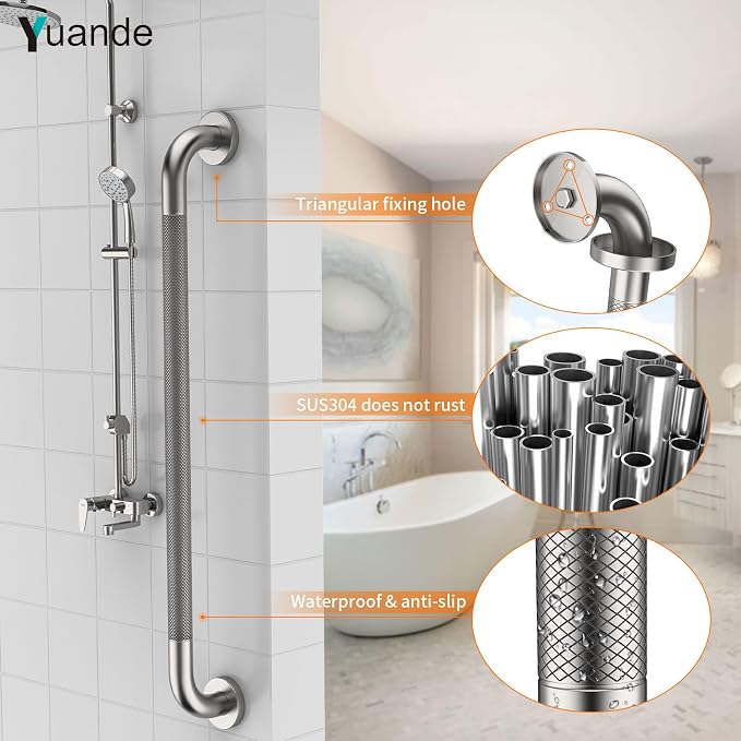 32 Inch Brushed Nickel Shower Grab Bar with Anti-Slip Knurled Grip,YuanDe Stainless Steel Bathroom Grab Bars，Shower Handrail Support, Handicap Elderly Balance Assist Handles