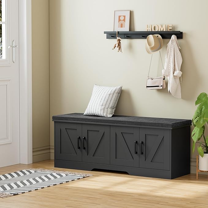 HOMSHO 2-Tier Storage Bench, 47.2" Wide Shoe Bench with Padded Seat Cushion, Entryway Bench with 4 Barn Doors and Adjustable Shelf, Black