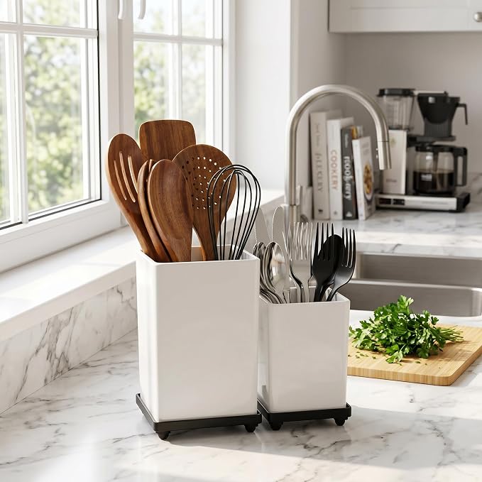 ECOIOU Tiered Counter Utensil Holder Set with 6.5" & 4.7" Removable Drainage Bins, Dual Kitchen Utensil Crock for Cooking Dining Utensils & Spatulas, White