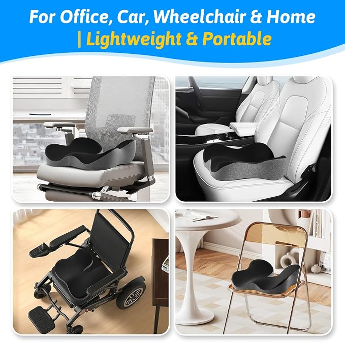 Seat Cushion for Tailbone & Sciatica Pain Relief – Certified & Ergonomist-Designed – Tapered Front Edge Reduces Thigh Pressure – Wide Memory Foam for Office Chair, Car, Wheelchair