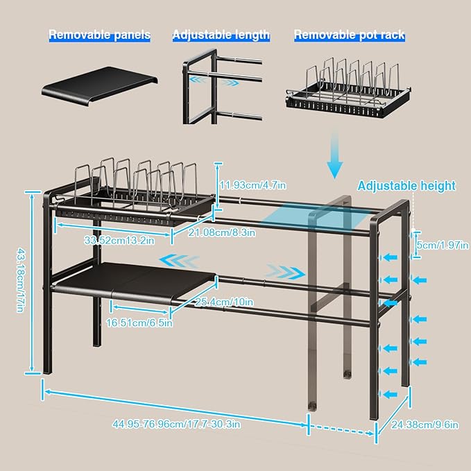 Mustorn Pots and Pans Organizer Under Cabinet, Expandable 2 Tier Under Sink Organizers and Storage Adjustable Height Kitchen Pot and Pan Lid Holder Rack with 6 Dividers(6panels,1 Pot rack, Black)