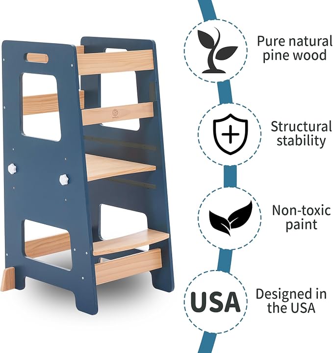 WOOD CITY Kitchen Step Stool - Safe Montessori Standing Tower for Kids with Safety Rail, Height Adjustable Toddler Ideal Helper for Learning New Skills, Anti-Slip Protection for Bathroom - Deep Blue