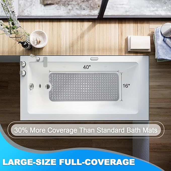 Bathtub and Shower Mats, 40x16 Inch Extra Large Non Slip Soft Bath Tub Mat with Suction Cups and Drain Holes for Bathroom Floor and Keep Tubs Clean, Machine Washable, Gray