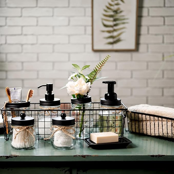 SheeChung 6Pcs Mason Jars Bathroom Accessories Set Complete - Toothbrush Holder, Lotion Soap Dispenser, 2 Mason Jars, Soap Dish, Toilet Paper Basket, Rustic Farmhouse Decor (Black, 6Pcs Bathroom Set)
