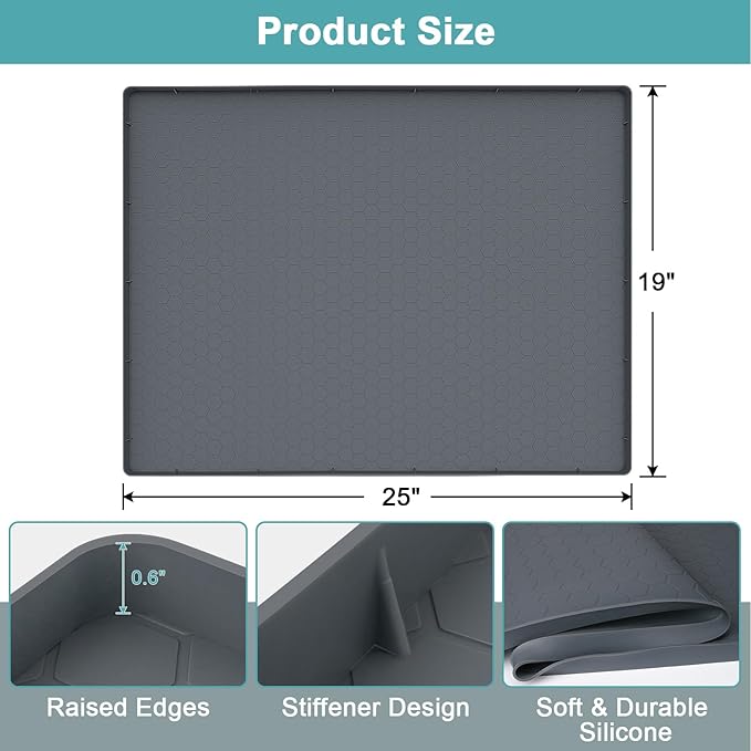 Silicone Under Sink Mat 25 x 19, Waterproof Under The Sink Mat for Kitchen, Under Kitchen Sink Mats and Protectors, Under Bathroom Sink Mat, Cabinet Liner Shelf Liner Gray