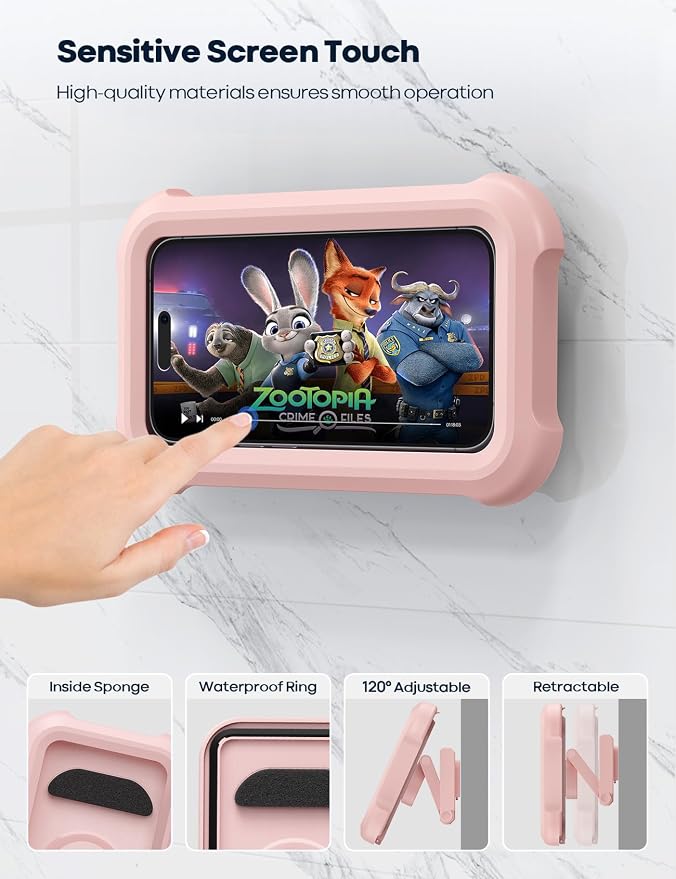 Lamicall Waterproof Shower Phone Holder - Shower Bathroom Bath Cellphone Accessories for Women Girls, Christmas iPhone Accessories Case Wall Mount Stand, Gift Gadget for 4-7" Phones, Pink