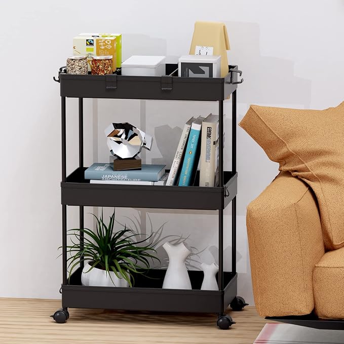 SPACELEAD 3 Tier Rolling Cart with Wheels, Storage Craft Art Trolley Organizer Serving, 3 Hanging Baskets Easy Assembly, for Office, Bathroom，Living Room, Kitchen, Black