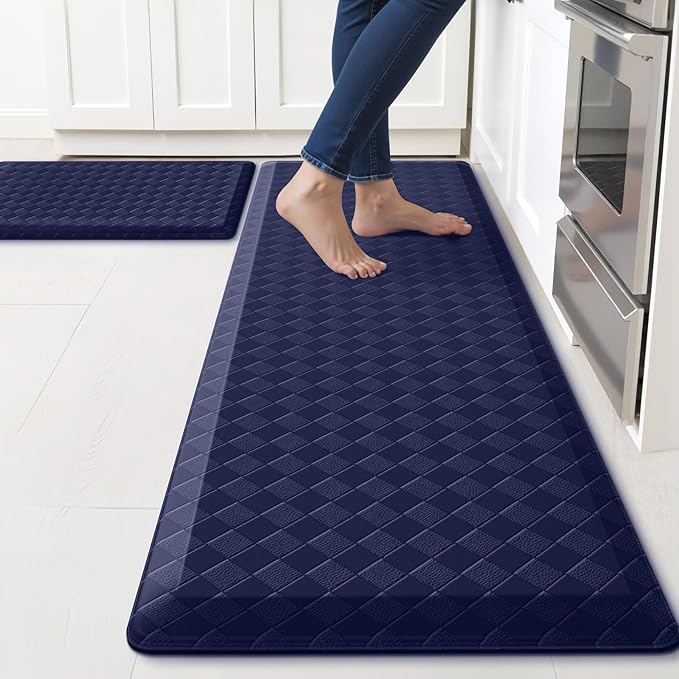 TranquilRelax 4/5 Inch Thick Anti-Fatigue Kitchen Mats 2Pcs, Cushioned Non-Slip Waterproof Sink & Stove Floor Mats, Comfortable Standing Rug Set for Kitchen, Laundry & Entryway, Blue