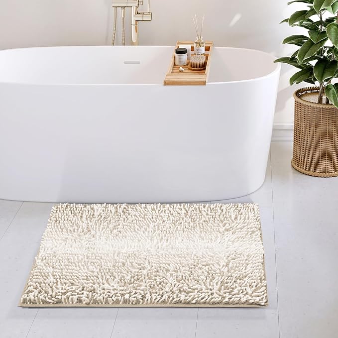 Hearth & Harbor Bathroom Rugs, Chenille Bath Mat - Machine Washable Bath Mats for Bathroom Non-Slip Backing Rubber, Quick Dry Bathroom Mat, 20 x 32 - Ombre Beige