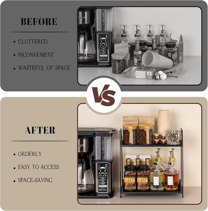 ANBOXIT 2-Tier Coffee Station Organizer, Wooden Kitchen Counter Shelf - Black