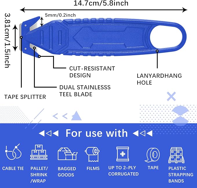 Therwen Safety Box Cutter Knife of Stainless Steel Concealed Blade Package Opener with Tape Splitter for Carton Cardboard Wrap Letter Work Bag Straps Film Utility Tool(Blue,10 Pcs)
