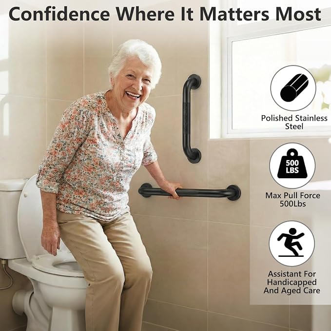 2 Pack Shower Grab Bars for Bathroom 16 Inch Black Stainless Steel Anti-Slip Knurled Grip Home Care Bath Handrail Safety Hand Rail Support for Showers Seniors Elderly Assist Handicap Bath Handle