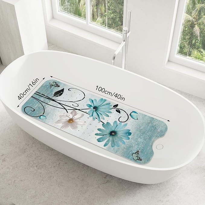 SHUCHING Turquoise Bath Mat for Tub Non Slip-40 X 16Inch, Rustic Farmhouse Flower Bathtub Mat Anti Slip for Women, Long Shower Mat for Bathroom Mold Free, Machine Washable