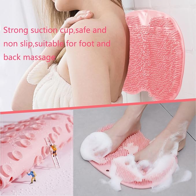 Shower Foot and Back Scrubber Mat,Wall Mounted Shower Foot Scrubber with Suction Cups,Exfoliating Silicone Massage Cleaner Mat(Pink)