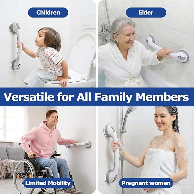 Grab Bars for Shower, 2 Pack Suction Cup Shower Handle with Textured Grip, 16.5 Inch Removable Bath Handrails for Seniors, Elderly and Handicap, Drill-Free Balance Support for Smooth Tile