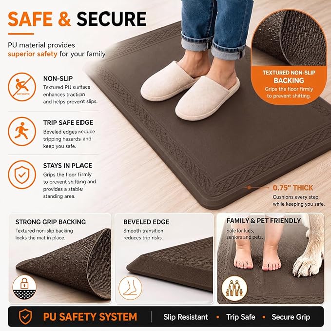 24 x 60 Inch Extra Support Anti Fatigue Comfort Kitchen Mat, Waterproof Long Kitchen Runner, Non-Slip Standing Desk Mat, Commercial Pads for Offices, Home, Garages (Bordeaux Coffee, 24'' x 60'')