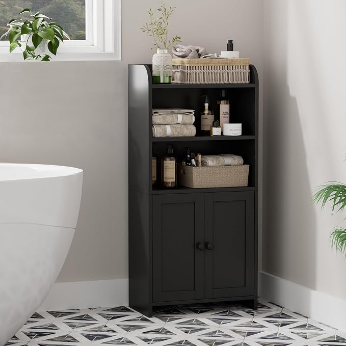 Homhedy Small Bathroom Storage Cabinet, Freestanding Toilet Paper Storage with 2 Doors and Shelves, Bathroom Organizers and Storage for Small Spaces, Laundry Room, 7.9" D x 14.6" W x 31" H, Black