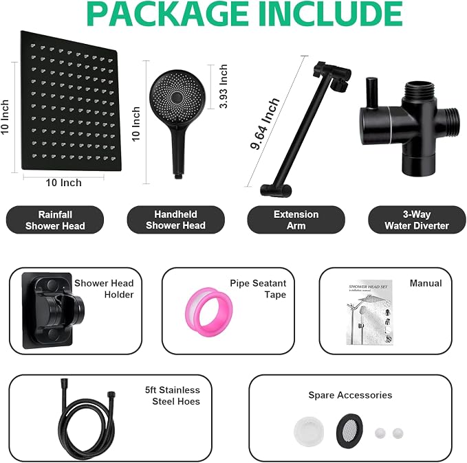 Shower Head,10”Rain Shower Head with Handheld Spray Combo and Adjustable Extension Arm/3-Way Flow Regulator/Shower System,High Pressure Rain Fall Hose,Matt Black