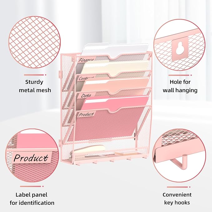 5 Tier Wall File Organizer - Hanging File Organizer with 5 Hooks, Mail Holder Wall Mounted for Papers, Folders, Magazines, Bills, Office&School Organization, Pink