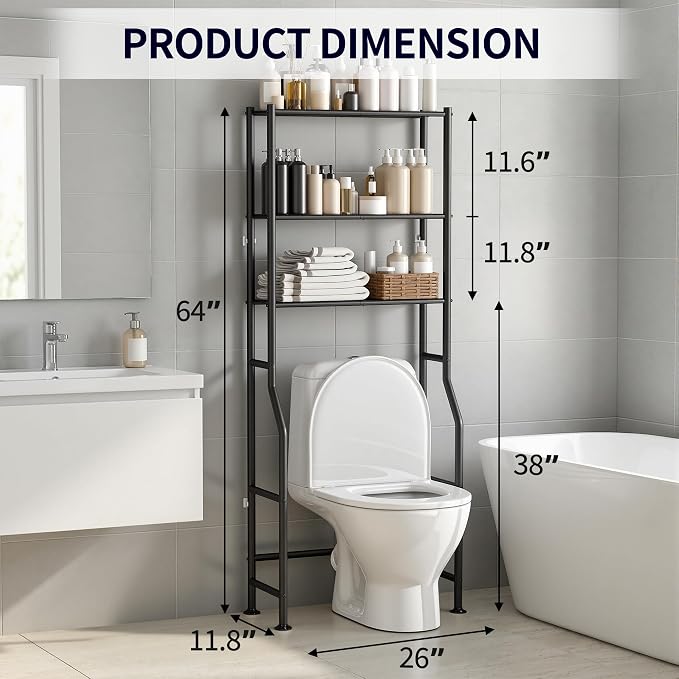 3-Tier Over The Toilet Storage, Freestanding Metal Bathroom Shelves, Space Saver Above The Over Toilet Storage Shelf for Bathroom (Black)