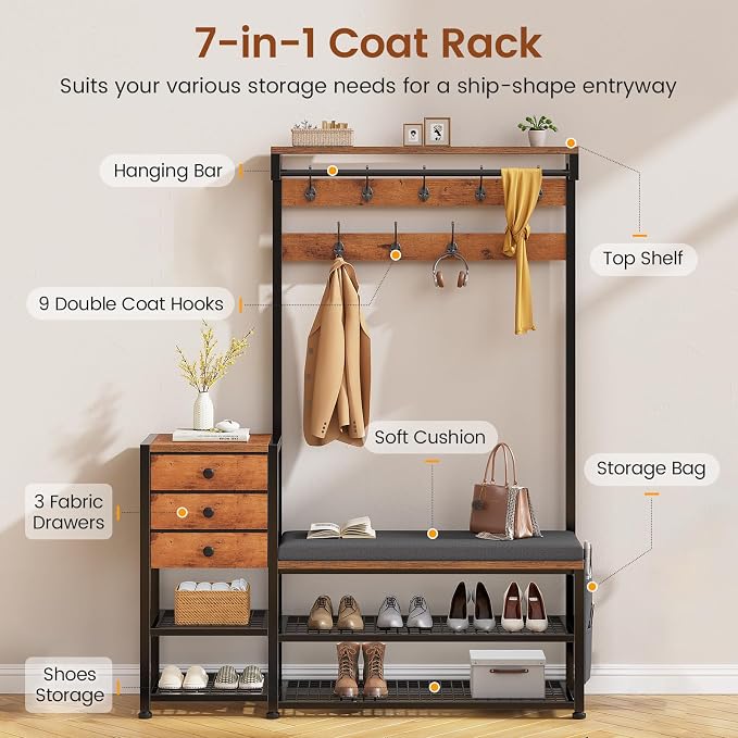 Itaar Coat Rack, Hall Tree with Bench and Shoe Storage, 7-in-1 Entryway Bench with Soft Cushion, Storage Bag, 3 Fabric Drawers(Rustic Brown)