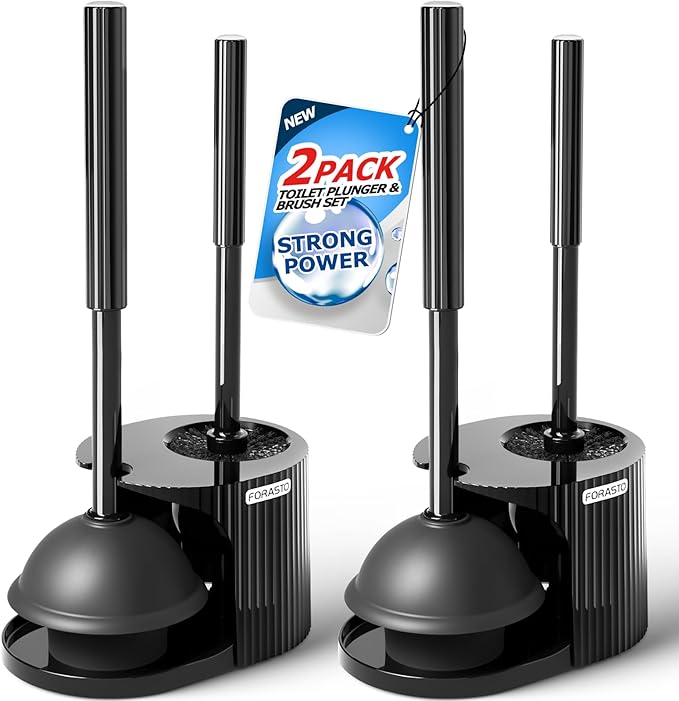 FORASTO 2Pack 2 in 1 Toilet Brush and Plunger Set, Extended Handle Plunger,Toilet Bowl Brush Plunger Set,Bathroom Cleaning Tools,Toilet Brush Plunger Combo,Cleaning Supplies，Black