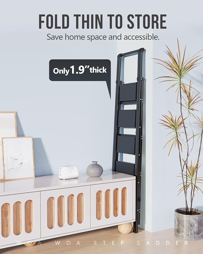 WOA WOA 5 Step Ladder, Ladders for Home, Anti-Slip Pedals, Step Stool Foldable, Lightweight to Move, Ease of Storage, Reach 10ft for Closet Kitchen Library, Hold 300lbs - Black