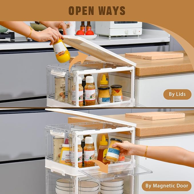 Freebat Collapsible Plastic Storage Bins with Wheels, Clear Stackable Storage Bins with Lid, Stackable Storage Bins with Open Door, Folding Storage Bins Organizer for Closet, Bedroom, Living Room