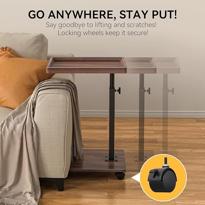 C Table End Table Adjustable Height, 360°Swivel TV Tray Table for Small Spaces, Couch Tables That slide under, C Shaped Side Tables living room and bedroom for Sofa, Bed,Chair, Snack (2, Walnut Brown)