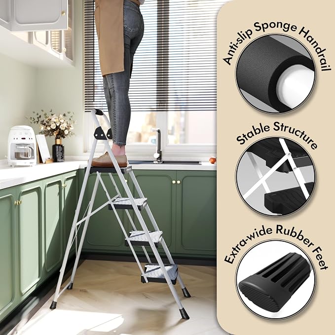 KINGRACK 4 Step Folding Ladder, 900 lbs Load Capacity, Non-Skid Large Pedals, Handrail, Safety Lock, Sturdy Step Stool for Home, Office, Garden, Multi-Purpose, White