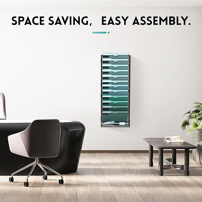 SUPEASY 13-Tier Wall File Organizer, Hanging Wall Files for Papers, Folders, Magazines, Clipboard, Wall Organizer for Office Home School Classroom, Black