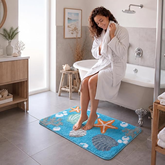 Capoda 1 Pcs Coastal Beach Bathroom Rug 20 x 30 Inch Starfish Seashells Coral Bath Mat Non-Slip Soft Plush Microfiber Ocean Themed Shower Rug for Bathroom Bedroom Entryway Decor(Coastal, Light Blue)