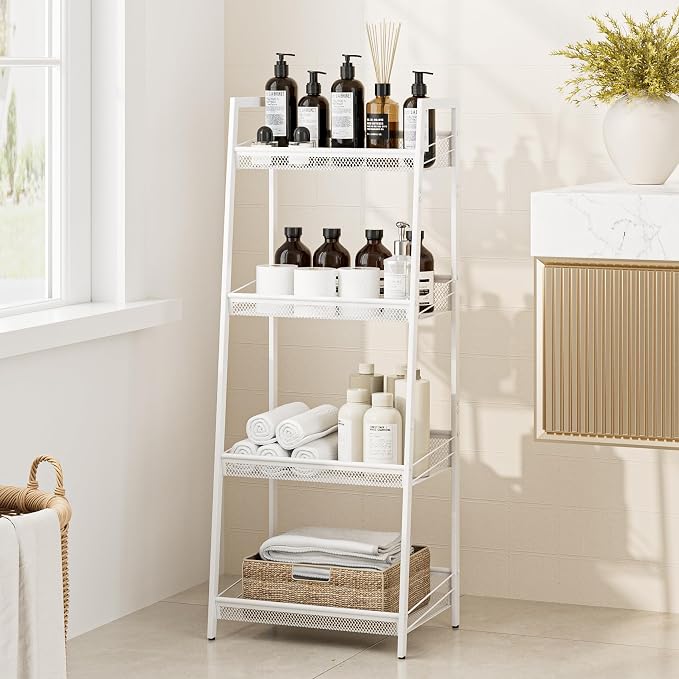 Masupu 4 Tier Bathroom Shelf, Bathroom Organizer and Storage for Small Space, Free-Standing Metal Rack Shelves Waterproof for Kitchen, Bathroom, Laundry, Toilet, White