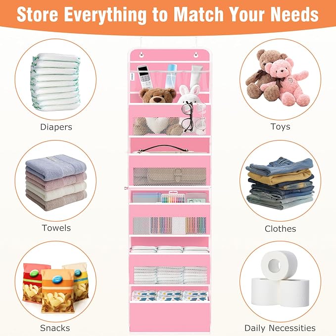 WISELIFE Over the Door Organizer - 6 Shelves Detachable Hanging Bedroom Storage Solution with 5 Large Pockets and 3 PVC Pockets for Dorm Bathroom, Pantry Nursery Baby Essentials (Pink)