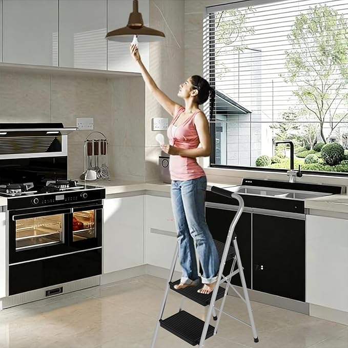 Step Stool for Adults,3 Step Ladder Folding 330lbs Anti Slip Step Stool,Foldable Ergonomic 3 Step Stool with Wide Pedal for Home, Kitchen, Office (Sliver)