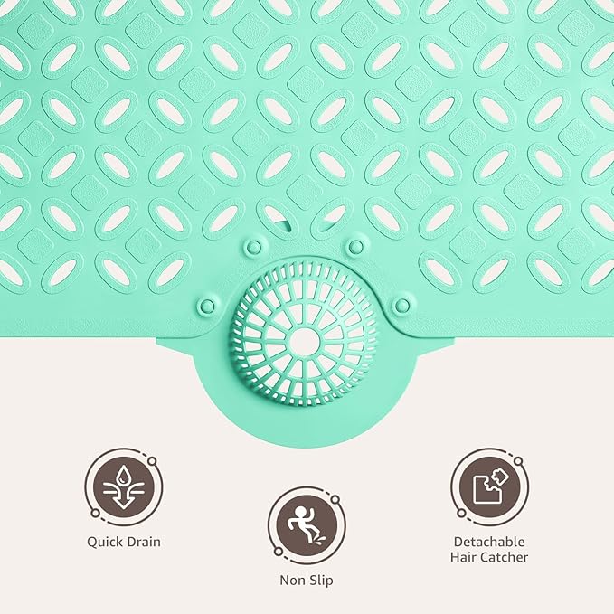 OTHWAY Bath Mat for Tub Non Slip: 39" X 17" Long Bathtub Mat with Hair Catcher│Big Drain Holes Shower Mats for Inside Shower│Machine Washable (Light Green)
